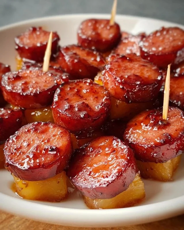 Glazed Pineapple Kielbasa Bites served on a platter