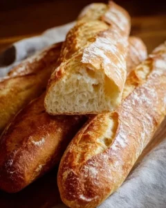 Freshly baked gluten free French bread loaf on a wooden table.