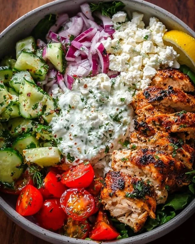 Delicious Greek Chicken Bowl with fresh vegetables and flavorful sauce