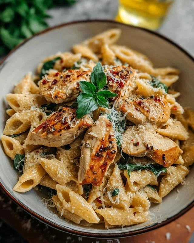 Healthy Garlic Parmesan Chicken Pasta served in a bowl with fresh herbs.