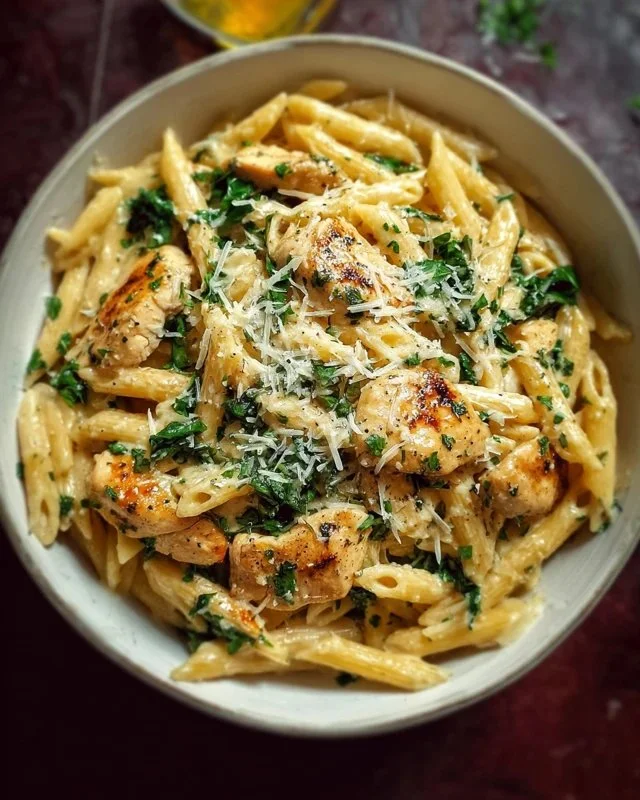 Healthy Garlic Parmesan Chicken Pasta with chicken and herbs