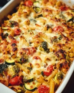 Healthy Mediterranean Vegetable Pasta Bake with colorful veggies and pasta