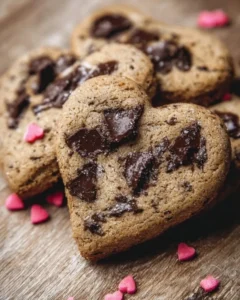 Decorated heart-shaped chocolate chip cookies on a plate