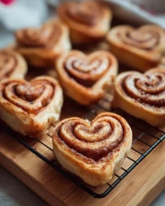 Heart-shaped cinnamon rolls topped with icing and cinnamon sugar