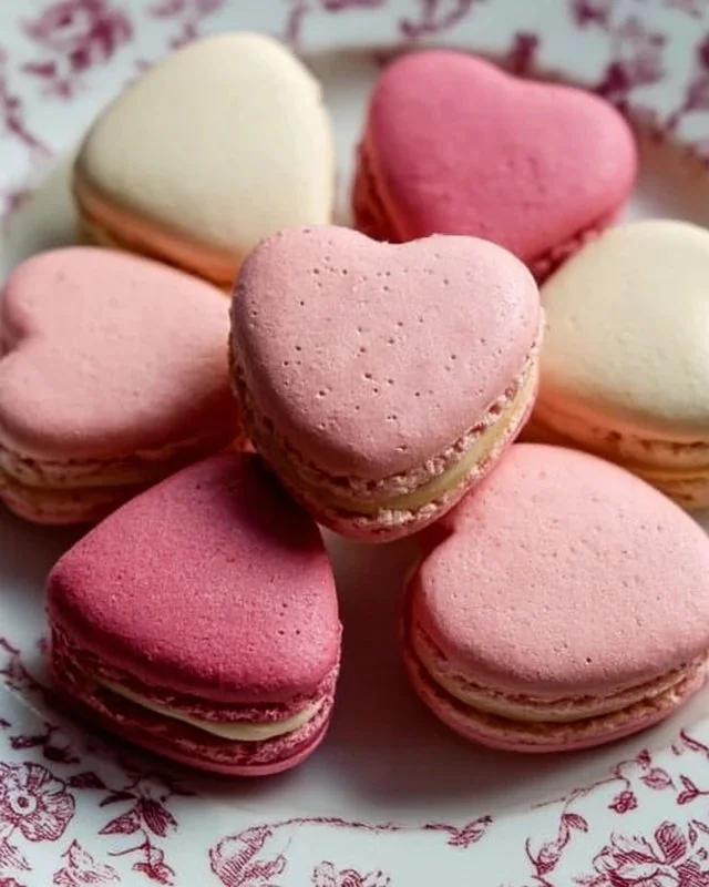 Heart-shaped macarons in various colors and flavors on a decorative plate