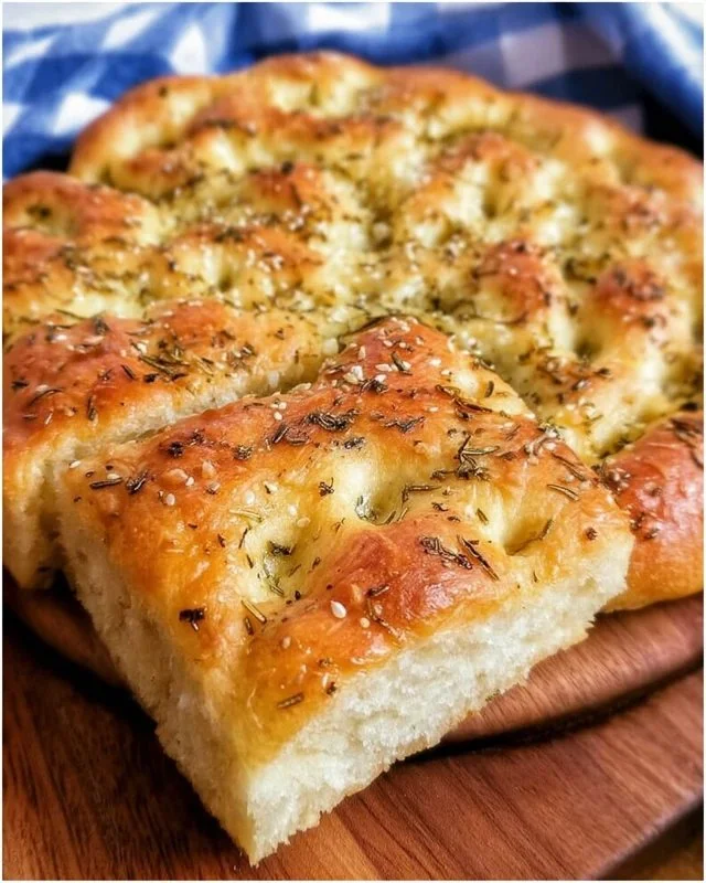 Freshly baked Herb Focaccia Bread with aromatic herbs on top.