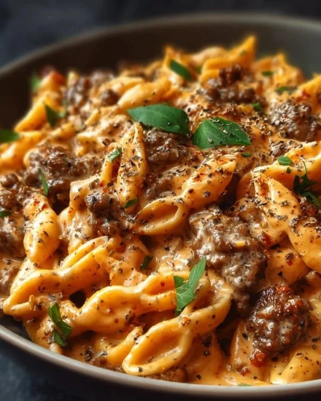High protein creamy beef pasta dish with fresh ingredients and a rich sauce