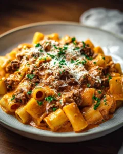 Creamy beef pasta dish topped with herbs and served in a bowl