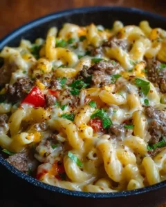 High-protein creamy Philly cheesesteak mac and cheese dish