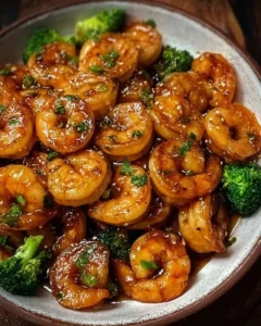 Delicious high-protein honey garlic shrimp served on a plate with garnishes.