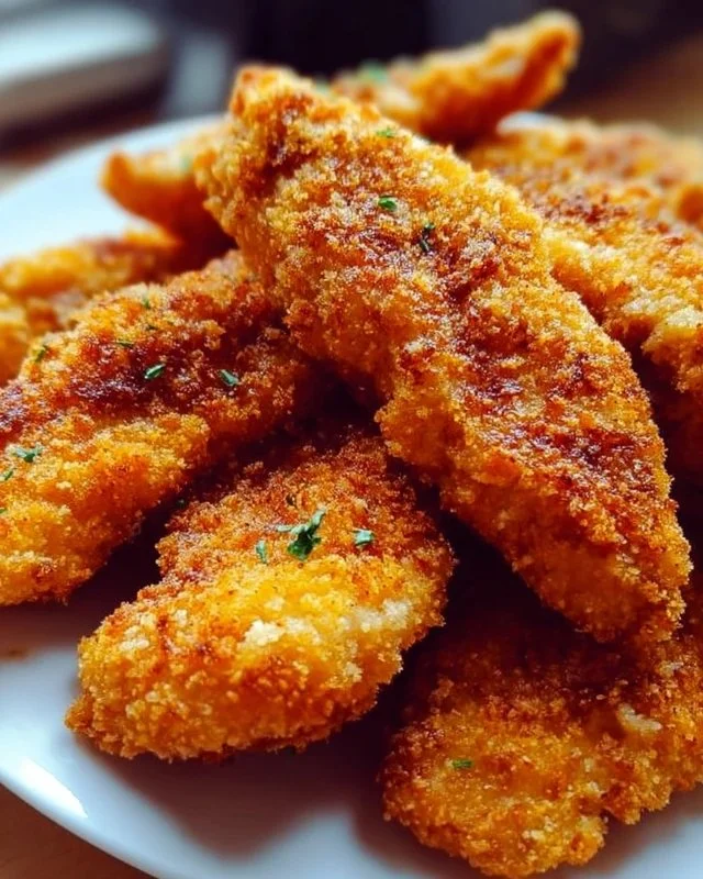 Homemade baked chicken tenders served with dipping sauce on a plate.