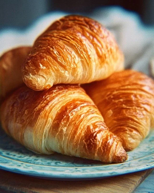 Freshly baked homemade croissants on a wooden table