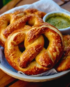 Homemade soft buttery pretzels with salsa verde cheese dip