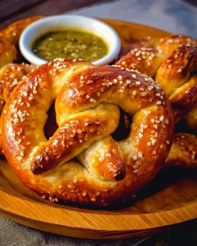 Homemade Soft Buttery Pretzels with Salsa Verde Cheese Dipping Sauce