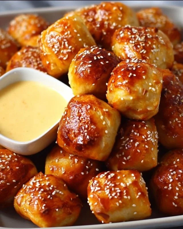 Delicious homemade soft pretzel bites served with mustard dip.