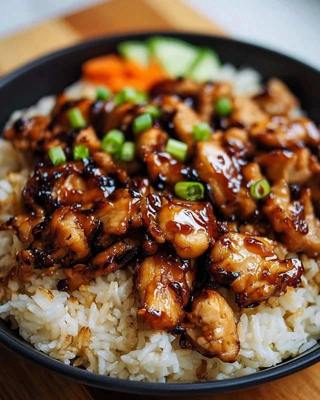 Honey BBQ Chicken Rice served in a bowl with fresh vegetables