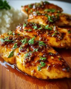 Delicious honey garlic chicken breasts served with vegetables on a plate.