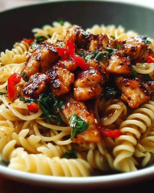 Honey Pepper Chicken served over pasta with vegetables
