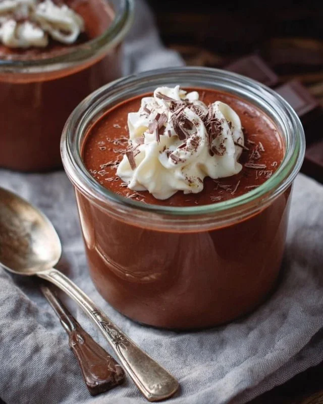 Bowl of homemade chocolate pudding garnished with whipped cream and chocolate shavings
