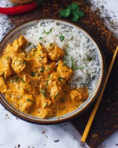 A delicious plate of Indian butter chicken with naan and rice on the side