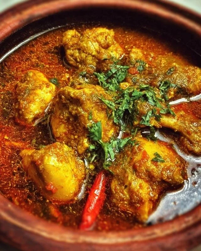 Bowl of Indian Chicken Curry with rice and garnish on a wooden table