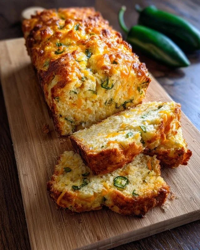 Freshly baked jalapeño cheddar bread sliced on a wooden board