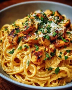 Delicious cowboy butter chicken linguine served in a bowl