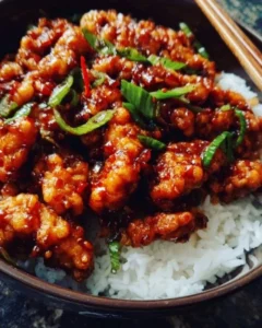 A plate of spicy dragon chicken garnished with herbs and served with rice.