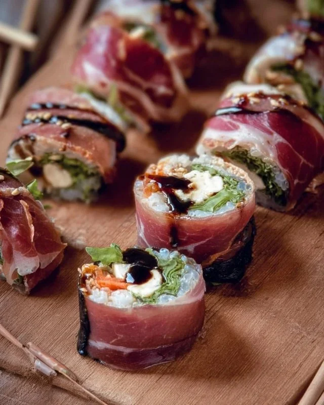 Italian charcuterie sushi rolls with cured meats and fresh ingredients