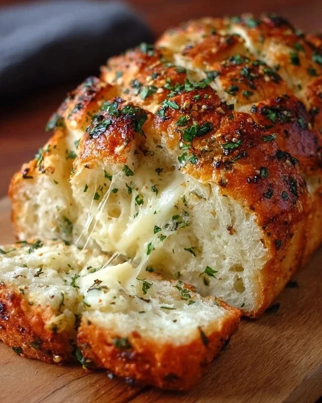 Freshly baked Italian Herb and Cheese Bread with herbs and cheese topping