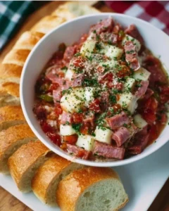 Delicious Italian hoagie dip served with fresh bread slices in a bowl