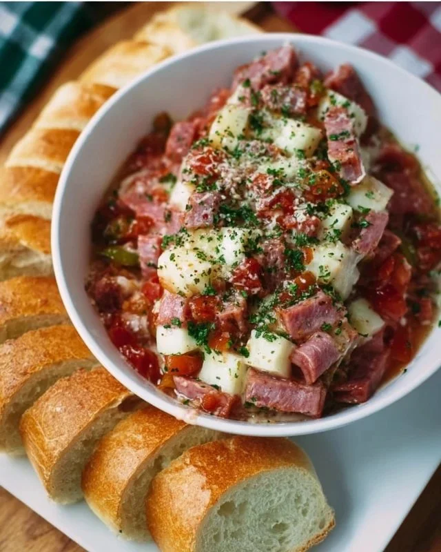 Delicious Italian hoagie dip served with fresh bread slices in a bowl