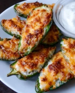 Plate of crispy jalapeno poppers stuffed with cheese and spices