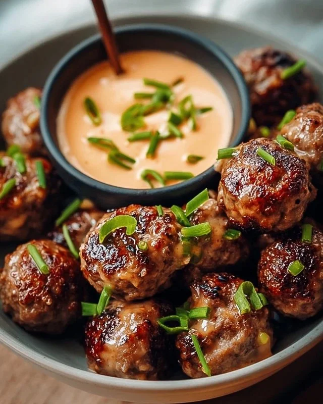 Plate of Korean BBQ Meatballs served with spicy mayo dip on the side