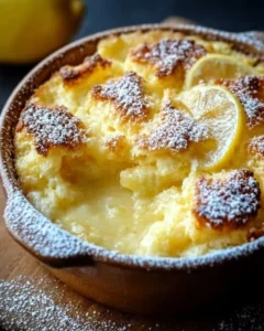 A delicious slice of lemon cobbler served with a scoop of vanilla ice cream on top.