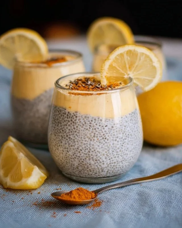 Lemon cream chia pudding with oat milk in a glass, topped with lemon zest.
