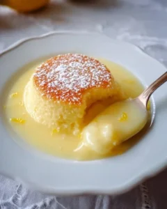 Lemon Delicious Pudding served in a bowl with lemon slices