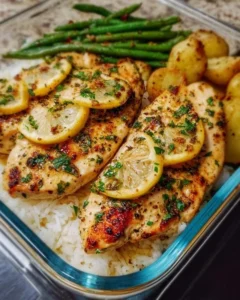 Lemon garlic chicken meal prep with vibrant vegetables and herbs