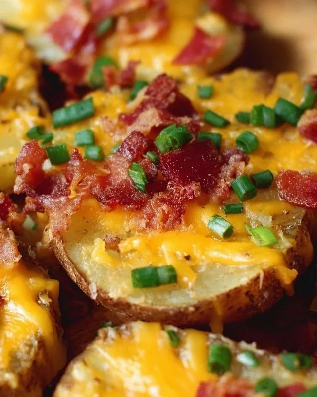 Delicious loaded baked potato slices topped with cheese, bacon, and chives