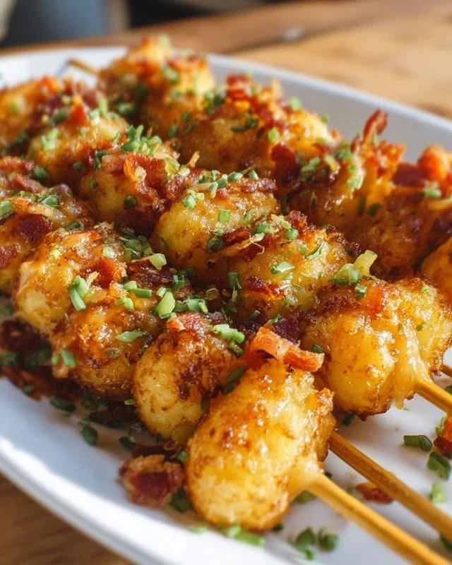 Loaded tater tot skewers with toppings, ideal for snacks and parties