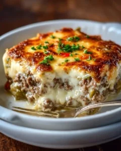Low Carb Philly Cheesesteak Casserole topped with cheese and peppers