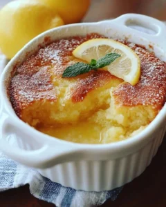 Deliciously baked magic lemon cobbler dessert with citrus fruits