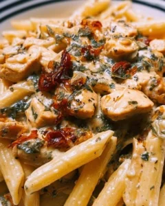 Plate of Marry Me Chicken Pasta garnished with herbs and served with bread