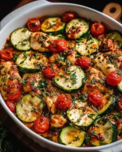 Mediterranean Chicken Zucchini Bake served in a vibrant dish
