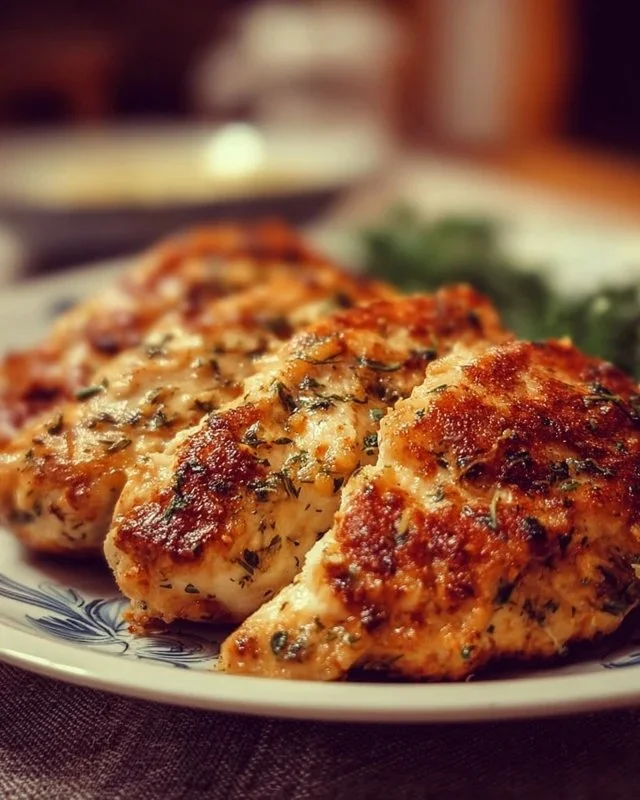 Melt-in-your-mouth chicken dish garnished with herbs and ready to serve.