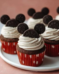 Disney Mickey Oreo Cupcakes topped with creamy frosting and Oreo pieces
