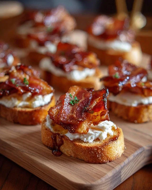 Plate of Million Dollar Bacon Crostini garnished with herbs and served as an appetizer