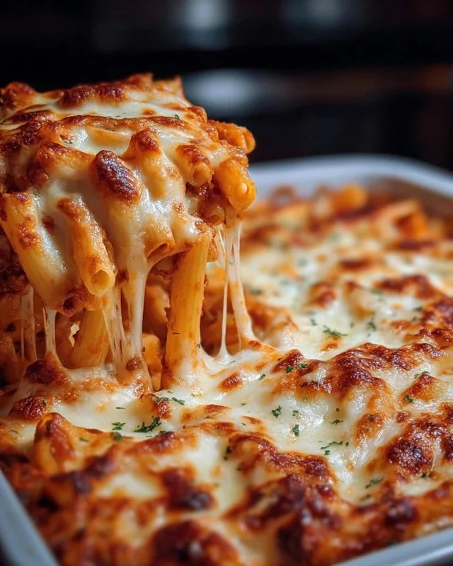 Delicious Million Dollar Baked Ziti topped with melted cheese and fresh herbs