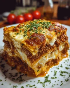 Delicious Million Dollar Italian Lasagna served on a plate with herbs on top.