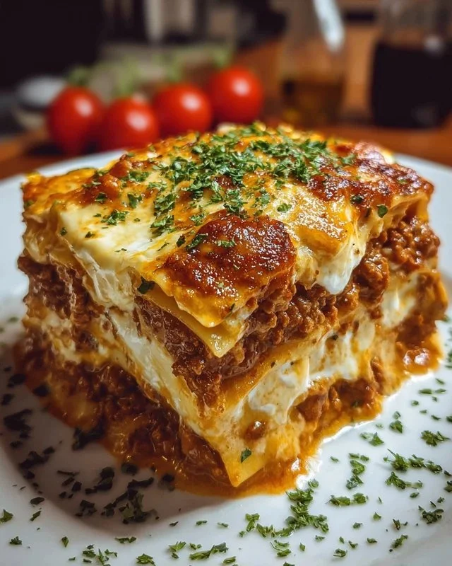 Delicious Million Dollar Italian Lasagna served on a plate with herbs on top.